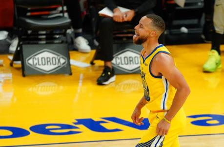 SAN FRANCISCO, CALIFORNIA - APRIL 25: Stephen Curry #30 of the Golden State Warriors reacts to shooting a three during the game against the Sacramento Kings at Chase Center on April 25, 2021 in San Francisco, California. NOTE TO USER: User expressly acknowledges and agrees that, by downloading and or using this photograph, User is co<em></em>nsenting to the terms and co<em></em>nditions of the Getty Images License Agreement. (Photo by Daniel Shirey/Getty Images)