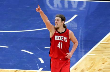 ORLANDO, FL - APRIL 18: Kelly Olynyk #41 of the Houston Rockets demands a ref challenge against the Orlando Magic at Amway Center on April 18, 2021 in Orlando, Florida. NOTE TO USER: User expressly acknowledges and agrees that, by downloading and or using this photograph, User is co<em></em>nsenting to the terms and co<em></em>nditions of the Getty Images License Agreement. (Photo by Alex Menendez/Getty Images)