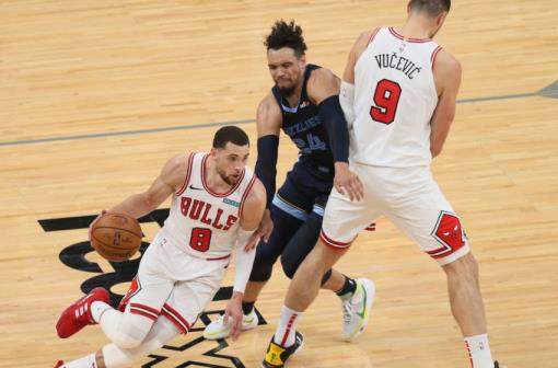 Zach LaVine, Nikola Vucevic , Chicago Bulls. Mandatory Credit: Nelson Chenault-USA TODAY Sports