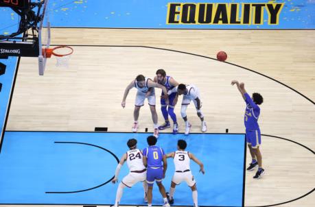 INDIANAPOLIS, INDIANA - APRIL 03: Johnny Juzang #3 of the UCLA Bruins shoots a free throw in the first half against the Go<em></em>nzaga Bulldogs during the 2021 NCAA Final Four semifinal at Lucas Oil Stadium on April 03, 2021 in Indianapolis, Indiana. (Photo by Andy Lyons/Getty Images)