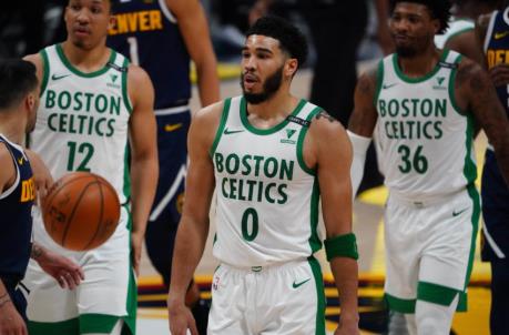 Apr 11, 2021; Denver, Colorado, USA; Boston Celtics forward Jayson Tatum (0) following his technical foul in the second quarter against the Denver Nuggets at Ball Arena. Mandatory Credit: Ron Chenoy-USA TODAY Sports