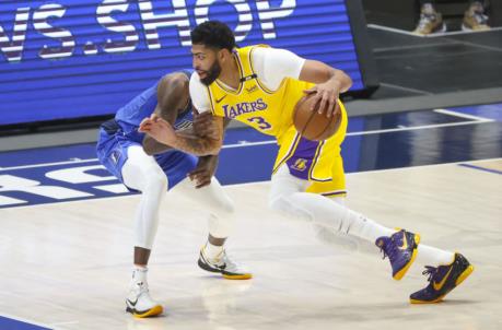 Apr 22, 2021; Dallas, Texas, USA; Los Angeles Lakers forward Anthony Davis (3) drives to the basket as Dallas Mavericks forward Dorian Finney-Smith (10) defends during the second quarter at American Airlines Center. Mandatory Credit: Kevin Jairaj-USA TODAY Sports