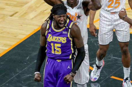 ORLANDO, FL - APRIL 26: Mo<em></em>ntrezl Harrell #15 of the Los Angeles Lakers screams after scoring a basket against the Orlando Magic during the second half at Amway Center on April 26, 2021 in Orlando, Florida. NOTE TO USER: User expressly acknowledges and agrees that, by downloading and or using this photograph, User is co<em></em>nsenting to the terms and co<em></em>nditions of the Getty Images License Agreement. (Photo by Alex Menendez/Getty Images)