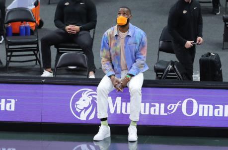 ORLANDO, FL - APRIL 26: LeBron James #23 of the Los Angeles Lakers reacts to a play against the Orlando Magic during the second half at Amway Center on April 26, 2021 in Orlando, Florida. NOTE TO USER: User expressly acknowledges and agrees that, by downloading and or using this photograph, User is co<em></em>nsenting to the terms and co<em></em>nditions of the Getty Images License Agreement. (Photo by Alex Menendez/Getty Images)