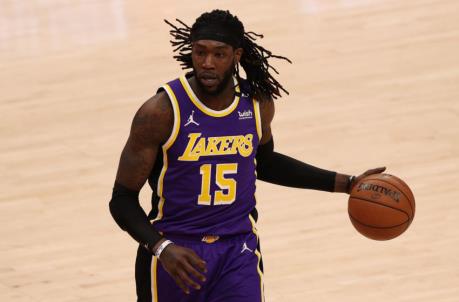 WASHINGTON, DC - APRIL 28: Mo<em></em>ntrezl Harrell #15 of the Los Angeles Lakers in action against the Washington Wizards during the second half at Capital One Arena on April 28, 2021 in Washington, DC. NOTE TO USER: User expressly acknowledges and agrees that, by downloading and or using this photograph, User is co<em></em>nsenting to the terms and co<em></em>nditions of the Getty Images License Agreement. (Photo by Patrick Smith/Getty Images)