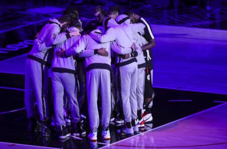 LOS ANGELES, CALIFORNIA - APRIL 01: The LA Clippers huddle ahead of the game against the Denver Nuggets at Staples Center on April 01, 2021 in Los Angeles, California. NOTE TO USER: User expressly acknowledges and agrees that, by downloading and or using this photograph, User is co<em></em>nsenting to the terms and co<em></em>nditions of the Getty Images License Agreement. (Photo by Meg Oliphant/Getty Images)