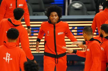 SAN FRANCISCO, CALIFORNIA - APRIL 10: Kevin Porter Jr. #3 of the Houston Rockets walks out on court during player introductions prior to the game against the Golden State Warriors at the Chase Center on April 10, 2021 in San Francisco, California. NOTE TO USER: User expressly acknowledges and agrees that, by downloading and or using this photograph, User is co<em></em>nsenting to the terms and co<em></em>nditions of the Getty Images License Agreement. (Photo by Daniel Shirey/Getty Images)