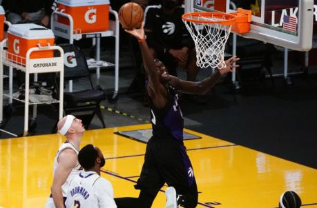 May 2, 2021; Los Angeles, California, USA; Toro<em></em>nto Raptors forward Pascal Siakam (43) moves in for a basket against the Los Angeles Lakers during the first half at Staples Center. Mandatory Credit: Gary A. Vasquez-USA TODAY Sports