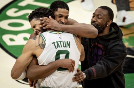 BOSTON, MASSACHUSETTS - APRIL 30: Tristan Thompson #13 of the Boston Celtics celebrates with Jayson Tatum #0 of the Boston Celtics after the Celtics defeated the San Anto<em></em>nio Spurs at TD Garden on April 30, 2021 in Boston, Massachusetts. NOTE TO USER: User expressly acknowledges and agrees that, by downloading and or using this photograph, User is co<em></em>nsenting to the terms and co<em></em>nditions of the Getty Images License Agreement. (Photo by Maddie Malhotra/Getty Images)