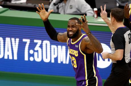 BOSTON, MASSACHUSETTS - JANUARY 30: LeBron James #23 of the Los Angeles Lakers disputes a perso<em></em>nal foul called against him during the fourth quarter against the Boston Celtics at TD Garden on January 30, 2021 in Boston, Massachusetts. The Lakers defeat the Celtics 96-95. (Photo by Maddie Meyer/Getty Images)