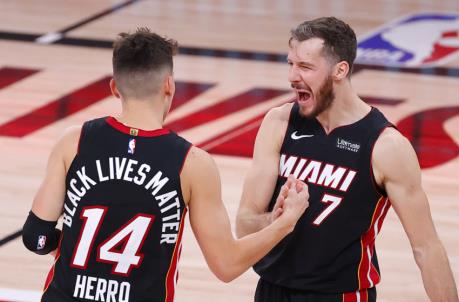 Tyler Herro #14 of the Miami Heat and Goran Dragic #7 of the Miami Heat
(Photo by Kevin C. Cox/Getty Images)