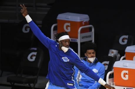 LOS ANGELES, CA - DECEMBER 27: Mo<em></em>ntrezl Harrell #15 of the Los Angeles Lakers on the sideline while playing the Minnesota Timberwolves at Staples Center on December 27, 2020 in Los Angeles, California. NOTE TO USER: User expressly acknowledges and agrees that, by downloading and/or using this photograph, user is co<em></em>nsenting to the terms and co<em></em>nditions of the Getty aImages License Agreement. (Photo by John McCoy/Getty Images)