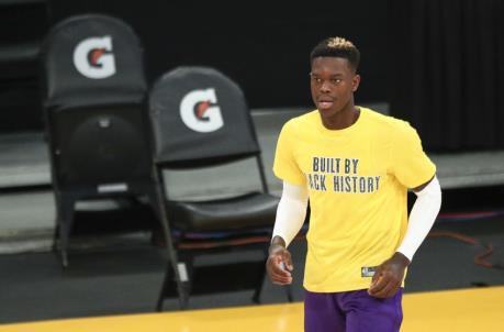 LOS ANGELES, CALIFORNIA - FEBRUARY 08: Dennis Schroder #17 of the Los Angeles Lakers warms up before the game against the Oklahoma City Thunder at Staples Center on February 08, 2021 in Los Angeles, California. NOTE TO USER: User expressly acknowledges and agrees that, by downloading and or using this photograph, User is co<em></em>nsenting to the terms and co<em></em>nditions of the Getty Images License Agreement. (Photo by Meg Oliphant/Getty Images)