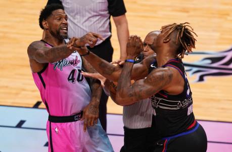 Miami Heat forward Udo<em></em>nis Haslem (40) and Philadelphia 76ers center Dwight Howard (39) get into an altercation
(Jasen Vinlove-USA TODAY Sports)