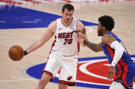 Miami Heat forward Nemanja Bjelica (70) looks to pass the ball as Detroit Pistons forward Saddiq Bey (41) defends
(Tim Fuller-USA TODAY Sports)