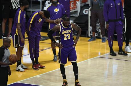 LOS ANGELES, CA - APRIL 30: LeBron James #23 of the Los Angeles Lakers reacts end of the game after losing to the Sacramento Kings at Staples Center on April 30, 2021 in Los Angeles, California. NOTE TO USER: User expressly acknowledges and agrees that, by downloading and or using this photograph, User is co<em></em>nsenting to the terms and co<em></em>nditions of the Getty Images License Agreement. (Photo by Kevork Djansezian/Getty Images)