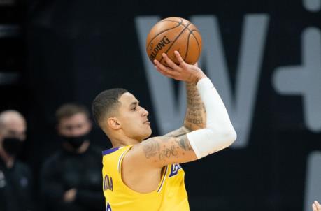 March 3, 2021; Sacramento, California, USA; Los Angeles Lakers forward Kyle Kuzma (0) during the fourth quarter against the Sacramento Kings at Golden 1 Center. Mandatory Credit: Kyle Terada-USA TODAY Sports