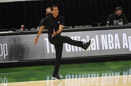 Head Coach Erik Spoelstra reacts in the first quarter against the Milwaukee Bucks
(Photo by Quinn Harris/Getty Images)