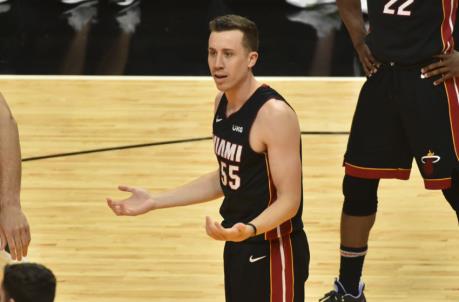 Duncan Robinson #55 of the Miami Heat reacts after being called for a foul against the Milwaukee Bucks
(Photo by Eric Espada/Getty Images)