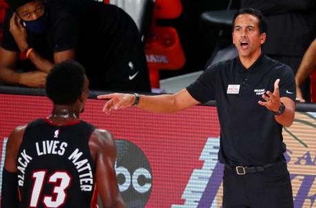 Miami Heat head coach Erik Spoelstra reacts as he talks with forward Bam Adebayo (13) during the second half of game four
(Kim Klement-USA TODAY Sports)