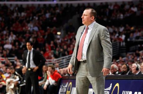 Head coach Tom Thibodeau (R) of the Chicago Bulls looks on as head coach Erik Spoelstra of the Miami Heat stands in the background
(Photo by Gregory Shamus/Getty Images)