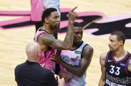 Udo<em></em>nis Haslem #40 of the Miami Heat is held back by Kendrick Nunn #25 and team security after a scuffle with Dwight Howard
(Photo by Michael Reaves/Getty Images)