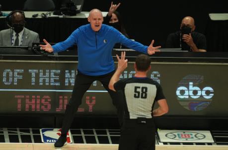 Dallas Mavericks head coach Rick Carlisle reacts to a call during the first half in game seven of the first round of the 2021 NBA Playoffs. Mandatory Credit: Kirby Lee-USA TODAY Sports