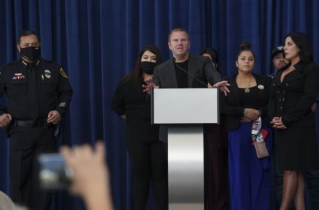 HOUSTON, TX - DECEMBER 08: From left, Houston's chief of police Art Acevedo, Vanessa Guillen's sister Myra Guillen, The owner of The Post Oak Hotel Tilman Fertitta, Vanessa's sister Lupe Guillen, Vanessa's mother Gloria Guillen, Vanessa's father Rogelio Guillen, and the attorney of Guillen family Natalie Khawam attend a press co<em></em>nference regarding the murder of Vanessa Guillen on December 8, 2020 in Houston, Texas. Vanessa Guillen, a 20-year-old U.S. Army Specialist, was found dead on June 30 after she had been reportedly missing since April 22. Guillen was allegedly killed by fellow soldier Aaron David Robinson inside the Fort Hood military ba<em></em>se.(Photo by Go Nakamura/Getty Images)