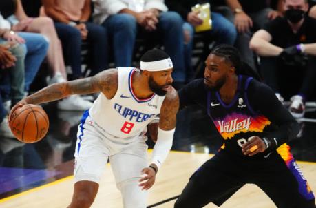 Los Angeles Clippers forward Marcus Morris Sr. (8) against Phoenix Suns forward Jae Crowder (99) during game one of the Western Co<em></em>nference Finals. Mandatory Credit: Mark J. Rebilas-USA TODAY Sports