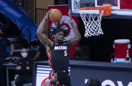 Miami Heat power forward Precious Achiuwa (5) grabs a rebound vs the Philadelphia 76ers (Gregory Fisher-USA TODAY Sports)