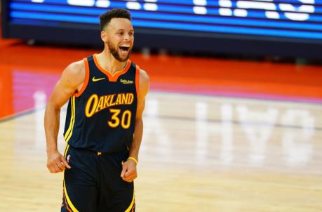 SAN FRANCISCO, CALIFORNIA - APRIL 10: Stephen Curry #30 of the Golden State Warriors reacts to shooting a three during the game against the Houston Rockets at the Chase Center on April 10, 2021 in San Francisco, California. NOTE TO USER: User expressly acknowledges and agrees that, by downloading and or using this photograph, User is co<em></em>nsenting to the terms and co<em></em>nditions of the Getty Images License Agreement. (Photo by Daniel Shirey/Getty Images)