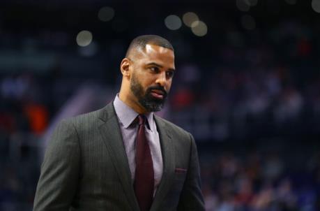 Oct 31, 2018; Phoenix, AZ, USA; San Anto<em></em>nio Spurs assistant coach Ime Udoka against the Phoenix Suns at Talking Stick Resort Arena. Mandatory Credit: Mark J. Rebilas-USA TODAY Sports