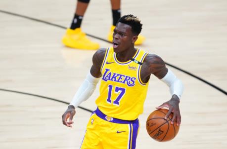 May 25, 2021; Phoenix, Arizona, USA; Los Angeles Lakers guard Dennis Schroder (17) against the Phoenix Suns during game two of the first round of the 2021 NBA Playoffs at Phoenix Suns Arena. Mandatory Credit: Mark J. Rebilas-USA TODAY Sports