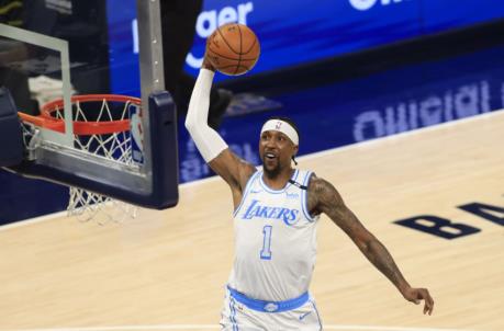 INDIANAPOLIS, INDIANA - MAY 15: Kentavious Caldwell-Pope #1 of the Los Angeles Lakers dunks the ball in the game against the Indiana Pacers at Bankers Life Fieldhouse on May 15, 2021 in Indianapolis, Indiana. NOTE TO USER: User expressly acknowledges and agrees that, by downloading and or using this photograph, User is co<em></em>nsenting to the terms and co<em></em>nditions of the Getty Images License Agreement. (Photo by Justin Casterline/Getty Images)