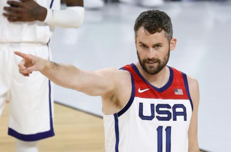 LAS VEGAS, NEVADA - JULY 10: Kevin Love #11 of the United States reacts after getting called for a foul during an exhibition game against Nigeria at Michelob ULTRA Arena ahead of the Tokyo Olympic Games on July 10, 2021 in Las Vegas, Nevada. Nigeria defeated the United States 90-87. (Photo by Ethan Miller/Getty Images)