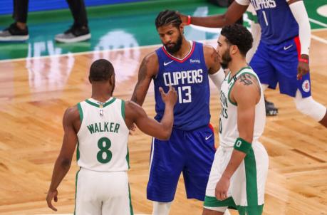 Mar 2, 2021; Boston, Massachusetts, USA; Los Angeles Clippers guard Paul George (13) and Boston Celtics guard Kemba Walker (8) shake hands after their game at TD Garden. Mandatory Credit: Paul Rutherford-USA TODAY Sports