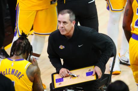 Jun 1, 2021; Phoenix, Arizona, USA; Los Angeles Lakers head coach Frank Vogel reacts during a time out against the Phoenix Suns in the second half during game five in the first round of the 2021 NBA Playoffs at Phoenix Suns Arena. Mandatory Credit: Mark J. Rebilas-USA TODAY Sports