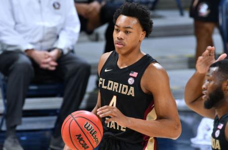 Mar 6, 2021; South Bend, Indiana, USA; Florida State Seminoles guard Scottie Barnes (4) dribbles in the first half against the Notre Dame Fighting Irish at the Purcell Pavilion. Mandatory Credit: Matt Cashore-USA TODAY Sports