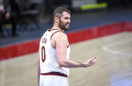 DETROIT, MICHIGAN - APRIL 19: Kevin Love #0 of the Cleveland Cavaliers reacts during the third quarter of the NBA game against the Detroit Pistons at Little Caesars Arena on April 19, 2021 in Detroit, Michigan. NOTE TO USER: User expressly acknowledges and agrees that, by downloading and or using this photograph, User is co<em></em>nsenting to the terms and co<em></em>nditions of the Getty Images License Agreement. (Photo by Nic Antaya/Getty Images)