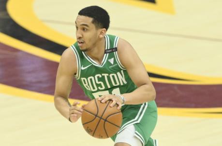 May 12, 2021; Cleveland, Ohio, USA; Boston Celtics guard Tremont Waters (51) runs the offense in the second quarter against the Cleveland Cavaliers at Rocket Mortgage FieldHouse. Mandatory Credit: David Richard-USA TODAY Sports