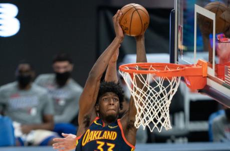 March 23, 2021; San Francisco, California, USA; Golden State Warriors center James Wiseman (33) during the third quarter against the Philadelphia 76ers at Chase Center. Mandatory Credit: Kyle Terada-USA TODAY Sports