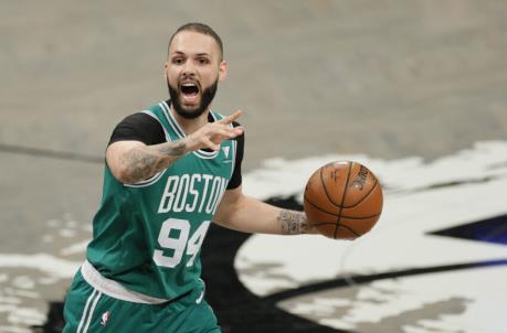 NEW YORK, NEW YORK - MAY 25: Evan Fournier #94 of the Boston Celtics calls a play during the first half of Game Two of their Eastern Co<em></em>nference first-round playoff series against the Brooklyn Nets at Barclays Center on May 25, 2021 in the Brooklyn borough of New York City. NOTE TO USER: User expressly acknowledges and agrees that, by downloading and or using this photograph, User is co<em></em>nsenting to the terms and co<em></em>nditions of the Getty Images License Agreement. (Photo by Sarah Stier/Getty Images)