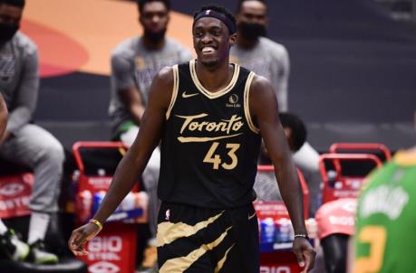 TAMPA, FLORIDA - MARCH 19: Pascal Siakam #43 of the Toro<em></em>nto Raptors reacts during the second quarter against the Utah Jazz at Amalie Arena on March 19, 2021 in Tampa, Florida. NOTE TO USER: User expressly acknowledges and agrees that, by downloading and or using this photograph, User is co<em></em>nsenting to the terms and co<em></em>nditions of the Getty Images License Agreement. (Photo by Douglas P. DeFelice/Getty Images)