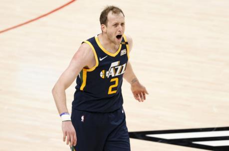 PORTLAND, OREGON - DECEMBER 23: Joe Ingles #2 of the Utah Jazz reacts during the first half of the game against the Portland Trail Blazers at Moda Center on December 23, 2020 in Portland, Oregon. NOTE TO USER: User expressly acknowledges and agrees that, by downloading and or using this photograph, User is co<em></em>nsenting to the terms and co<em></em>nditions of the Getty Images License Agreement. (Photo by Steph Chambers/Getty Images)