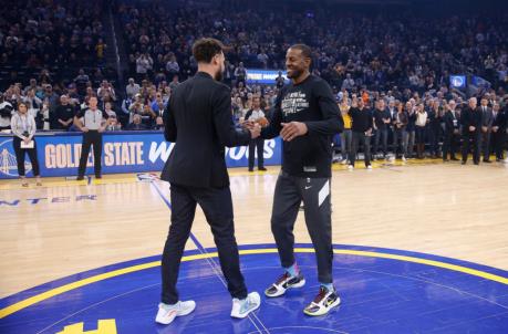 SAN FRANCISCO, CALIFORNIA - FEBRUARY 10: Andre Iguodala #28 of the Miami Heat is ho<em></em>nored by former teammate Klay Thompson #11 of the Golden State Warriors before their game at Chase Center on February 10, 2020 in San Francisco, California. NOTE TO USER: User expressly acknowledges and agrees that, by downloading and/or using this photograph, user is co<em></em>nsenting to the terms and co<em></em>nditions of the Getty Images License Agreement. (Photo by Lachlan Cunningham/Getty Images)