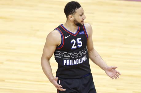 MIAMI, FLORIDA - MAY 13: Ben Simmons #25 of the Philadelphia 76ers reacts against the Miami Heat during the first quarter at American Airlines Arena on May 13, 2021 in Miami, Florida. NOTE TO USER: User expressly acknowledges and agrees that, by downloading and or using this photograph, User is co<em></em>nsenting to the terms and co<em></em>nditions of the Getty Images License Agreement. (Photo by Michael Reaves/Getty Images)