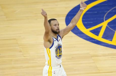 SAN FRANCISCO, CALIFORNIA - MAY 16: Stephen Curry #30 of the Golden State Warriors celebrates after shooting and making a three-point shot against the Memphis Grizzlies during the second half of an NBA basketball game at Chase Center on May 16, 2021 in San Francisco, California. NOTE TO USER: User expressly acknowledges and agrees that, by downloading and or using this photograph, User is co<em></em>nsenting to the terms and co<em></em>nditions of the Getty Images License Agreement. (Photo by Thearon W. Henderson/Getty Images)