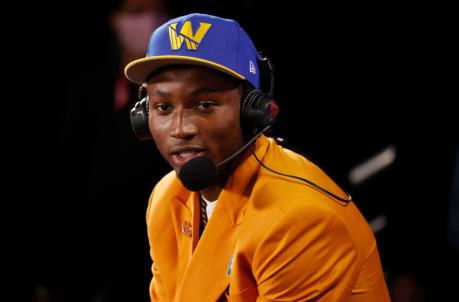 NEW YORK, NEW YORK - JULY 29: Jo<em></em>nathan Kuminga is interviewed after being drafted by the Golden State Warriors during the 2021 NBA Draft at the Barclays Center on July 29, 2021 in New York City. (Photo by Arturo Holmes/Getty Images)