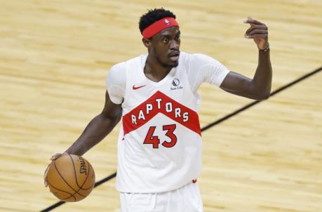 MIAMI, FLORIDA - FEBRUARY 24: Pascal Siakam #43 of the Toro<em></em>nto Raptors dribbles the ball up the court against the Miami Heat during the second quarter at American Airlines Arena on February 24, 2021 in Miami, Florida. NOTE TO USER: User expressly acknowledges and agrees that, by downloading and or using this photograph, User is co<em></em>nsenting to the terms and co<em></em>nditions of the Getty Images License Agreement. (Photo by Michael Reaves/Getty Images)