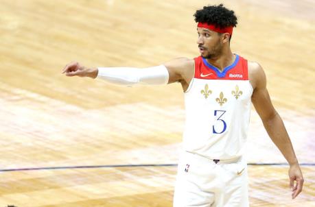 NEW ORLEANS, LOUISIANA - MARCH 26: Josh Hart #3 of the New Orleans Pelicans stands on the court during the second quarter of an NBA game against the Denver Nuggets at Smoothie King Center on March 26, 2021 in New Orleans, Louisiana. NOTE TO USER: User expressly acknowledges and agrees that, by downloading and or using this photograph, User is co<em></em>nsenting to the terms and co<em></em>nditions of the Getty Images License Agreement. (Photo by Sean Gardner/Getty Images)